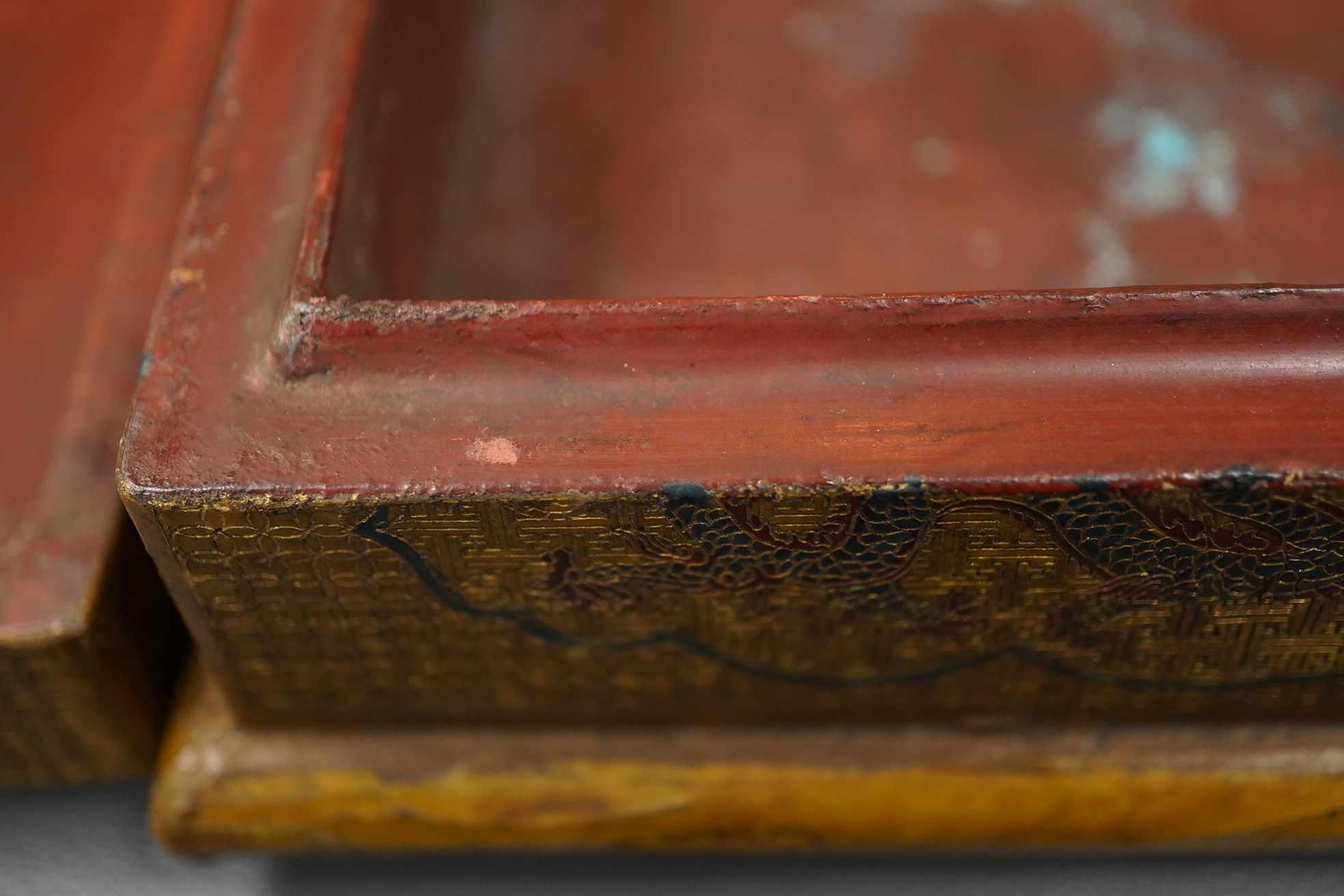 A Chinese inscribed polychrome lacquer document box, Qianlong mark and inscription